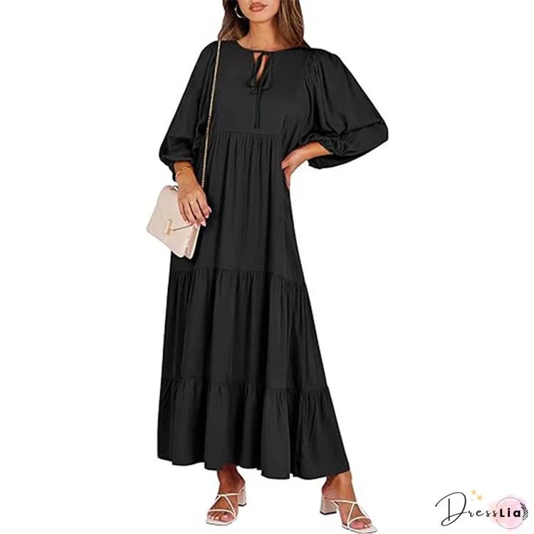 Solid Holiday Loose Pleated Crew Neck A-Line Maxi Dress