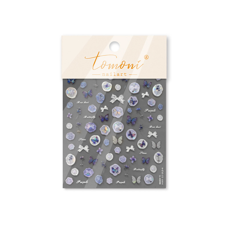 Bonusbad Flash Purple Blue Butterfly Bowknot Stamp Nail Stickers High Quality Design Adhesive Sticker Nail Art Decoration T-4497