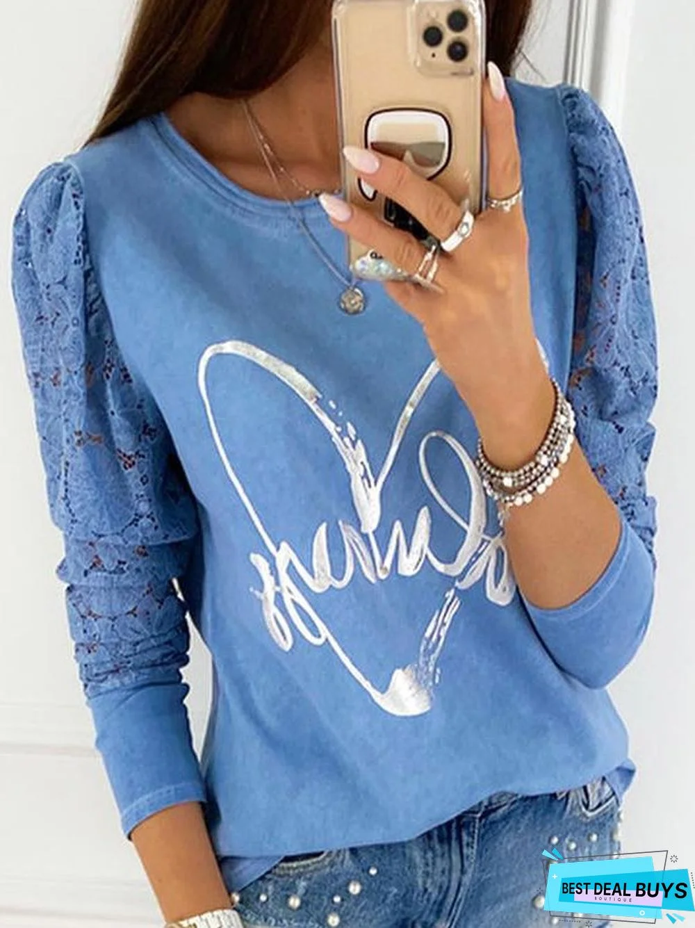 Split Joint Casual Lace Crew Neck Top