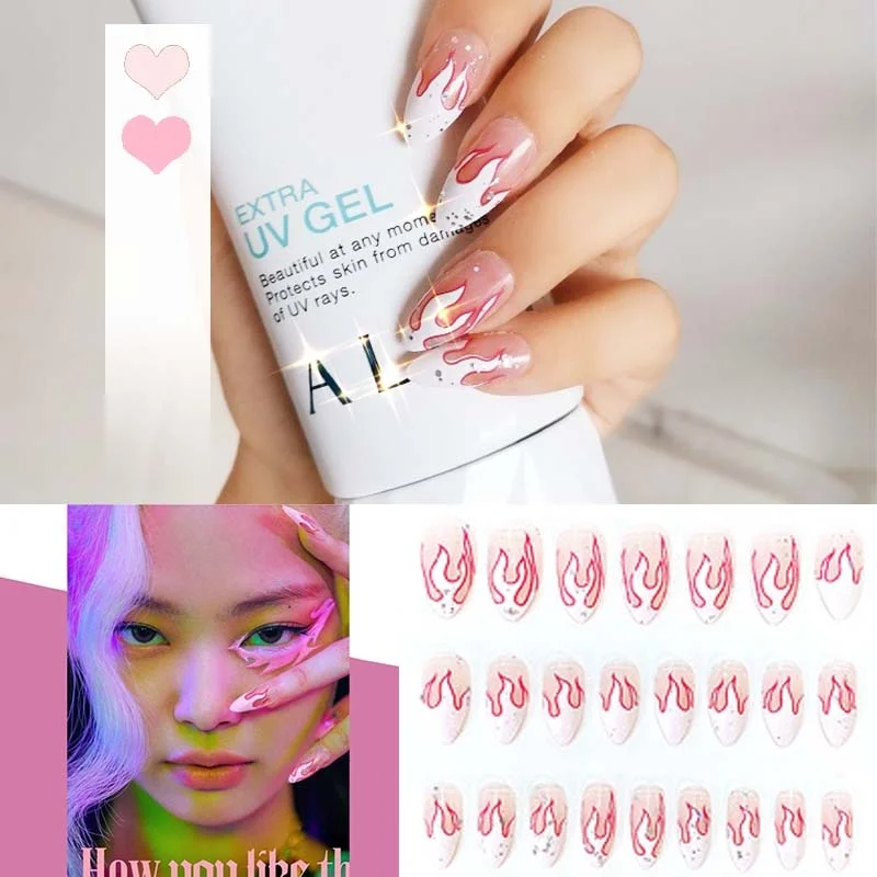 24pcs 4 Fire Patterns Design Cool Girls Hand Decorative False Nails with Glue Full Cover Detachable false nails with designs-Nail Inspo