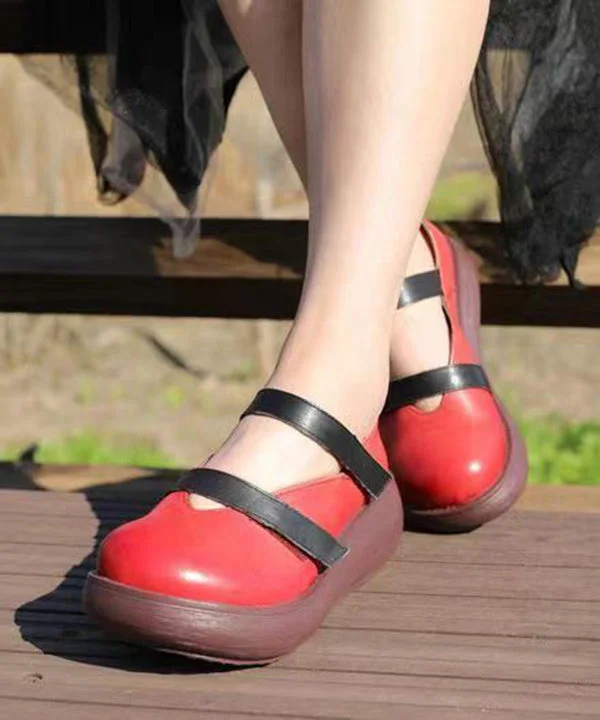 Red Platform Cowhide Leather Casual Splicing Buckle Strap