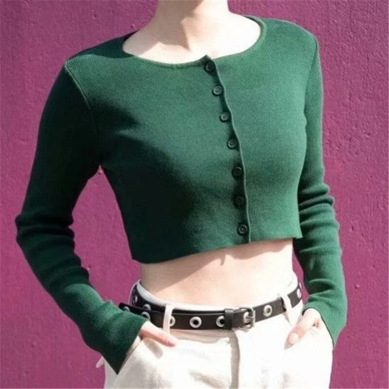 Korean Style Fashion Open Front Button Up Thin Cardigan Sexy Long Sleeve Short Crop Top Sun Protection Ropa Mujer