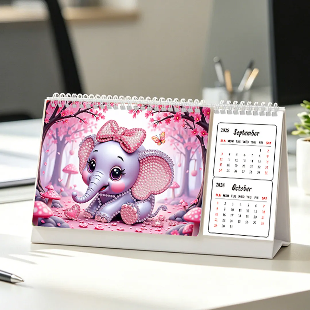 Elephant Diamond Art Monthly Flip Tabletop Calendar January 2027 - December 2028 Small Desktop Calendar Planner 24 Months for Living Room Bedroom Office Desk Gift Giving