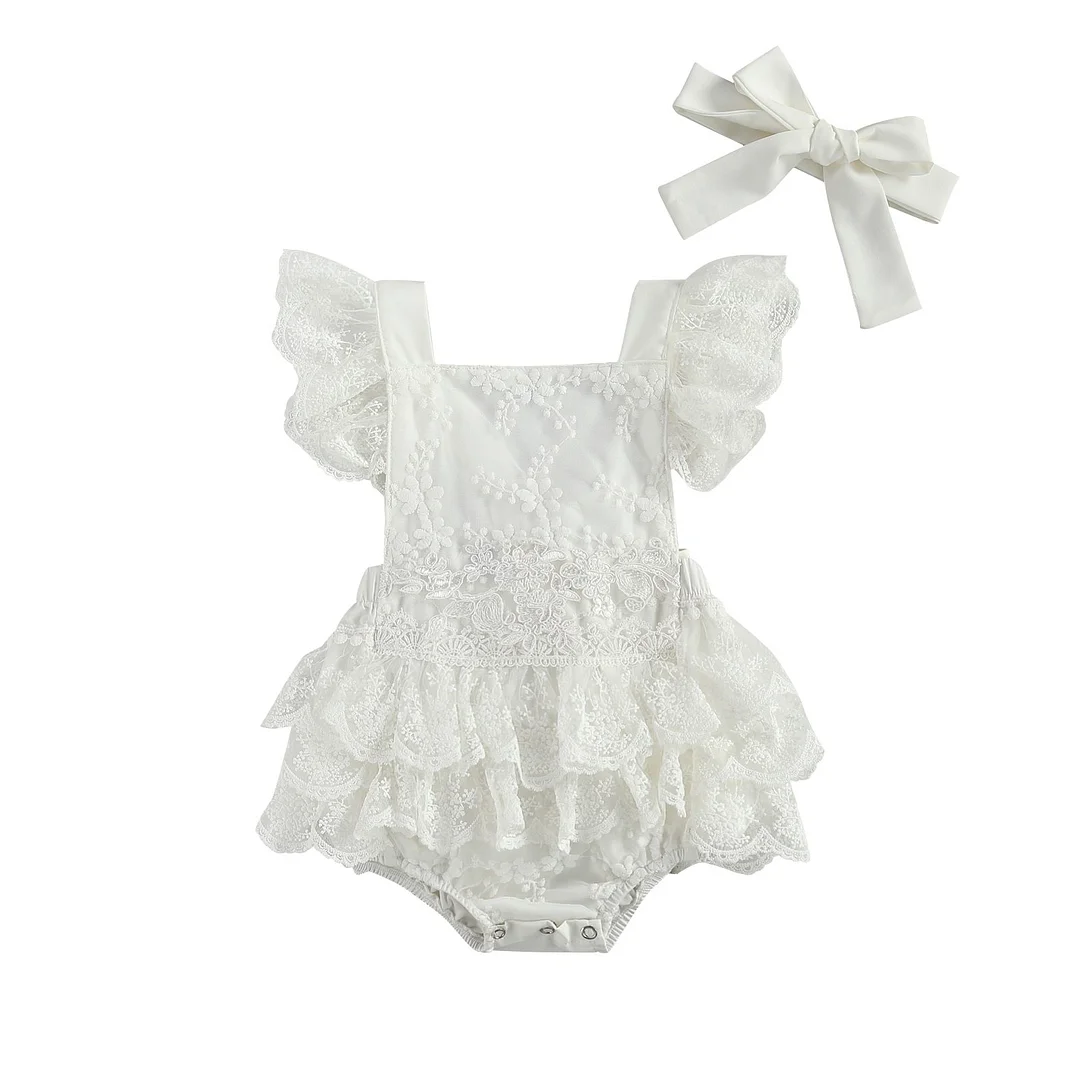 Infant Baby Girls Summer Outfits, Cute Ruffle Sleeve Floral Lace Tutu Romper with Headband Set