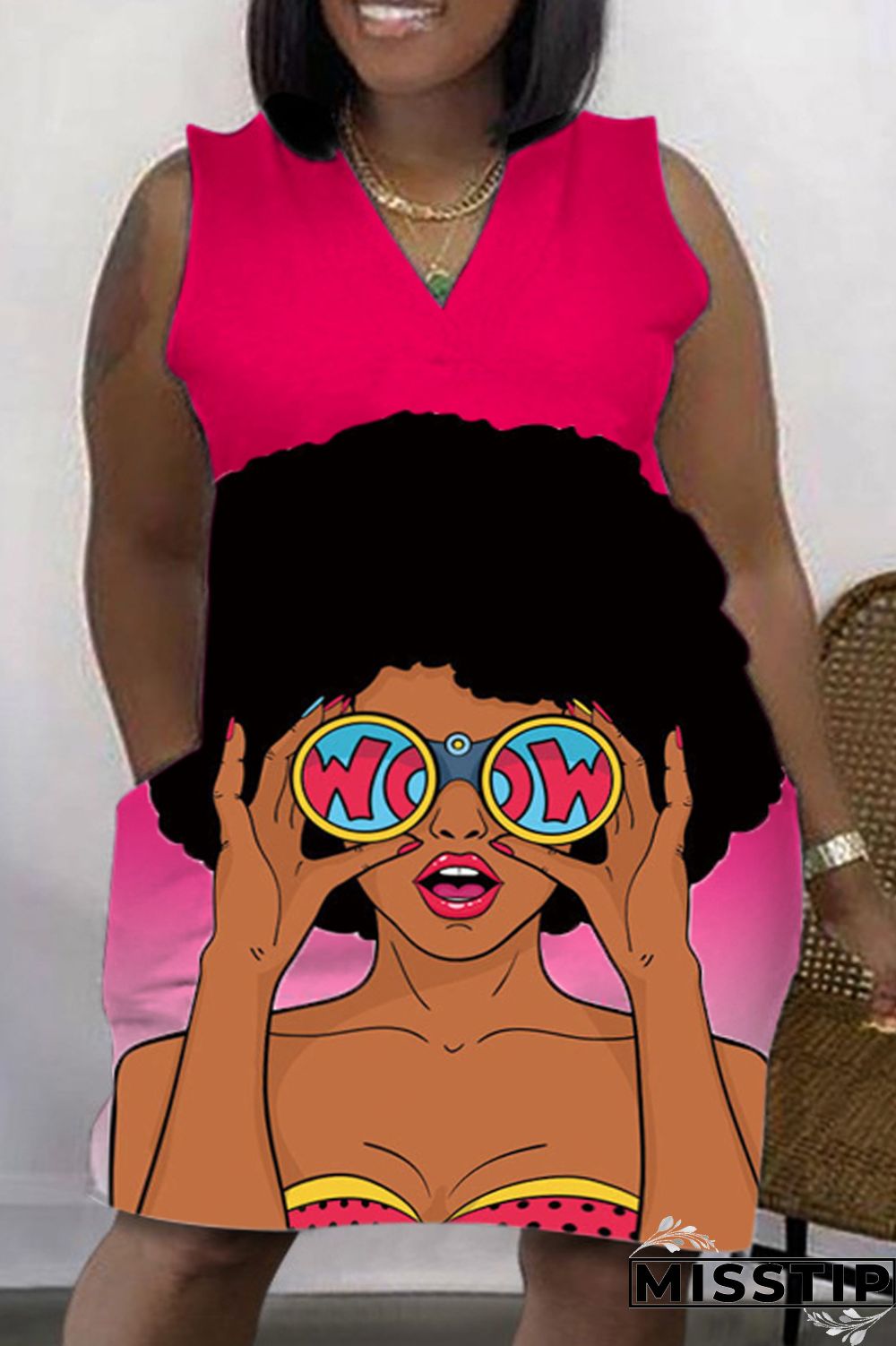 Green Fashion Casual Print Patchwork V Neck Sleeveless Plus Size Dress