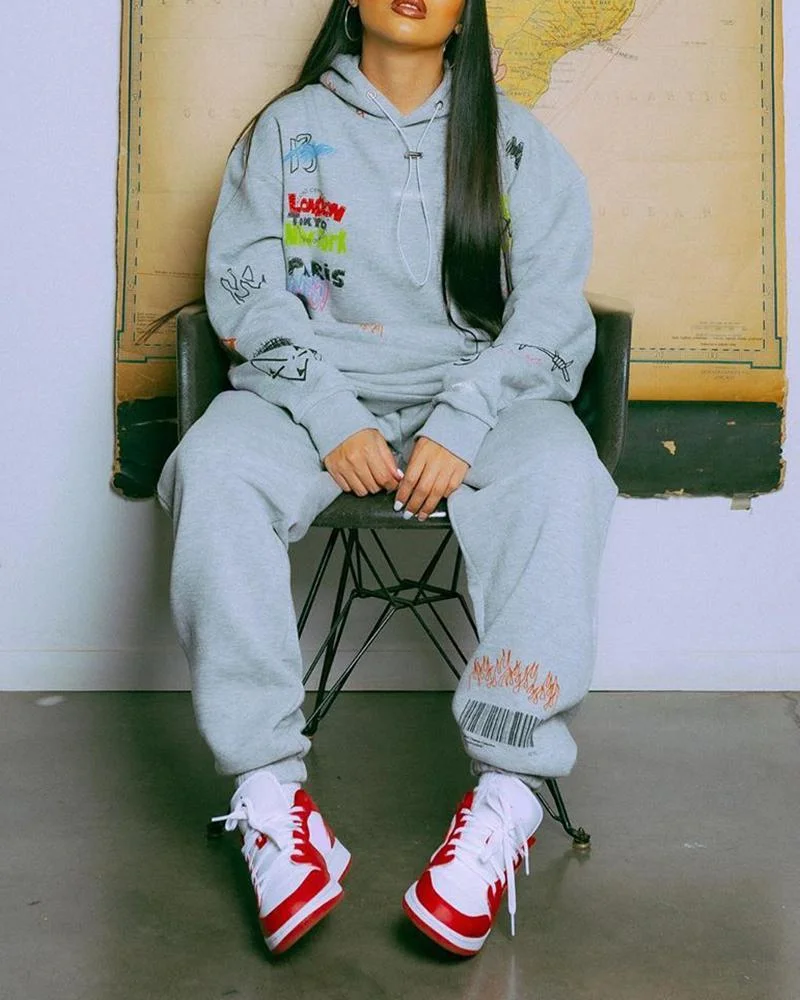Letter Print Hooded Top & Pants Set P13221