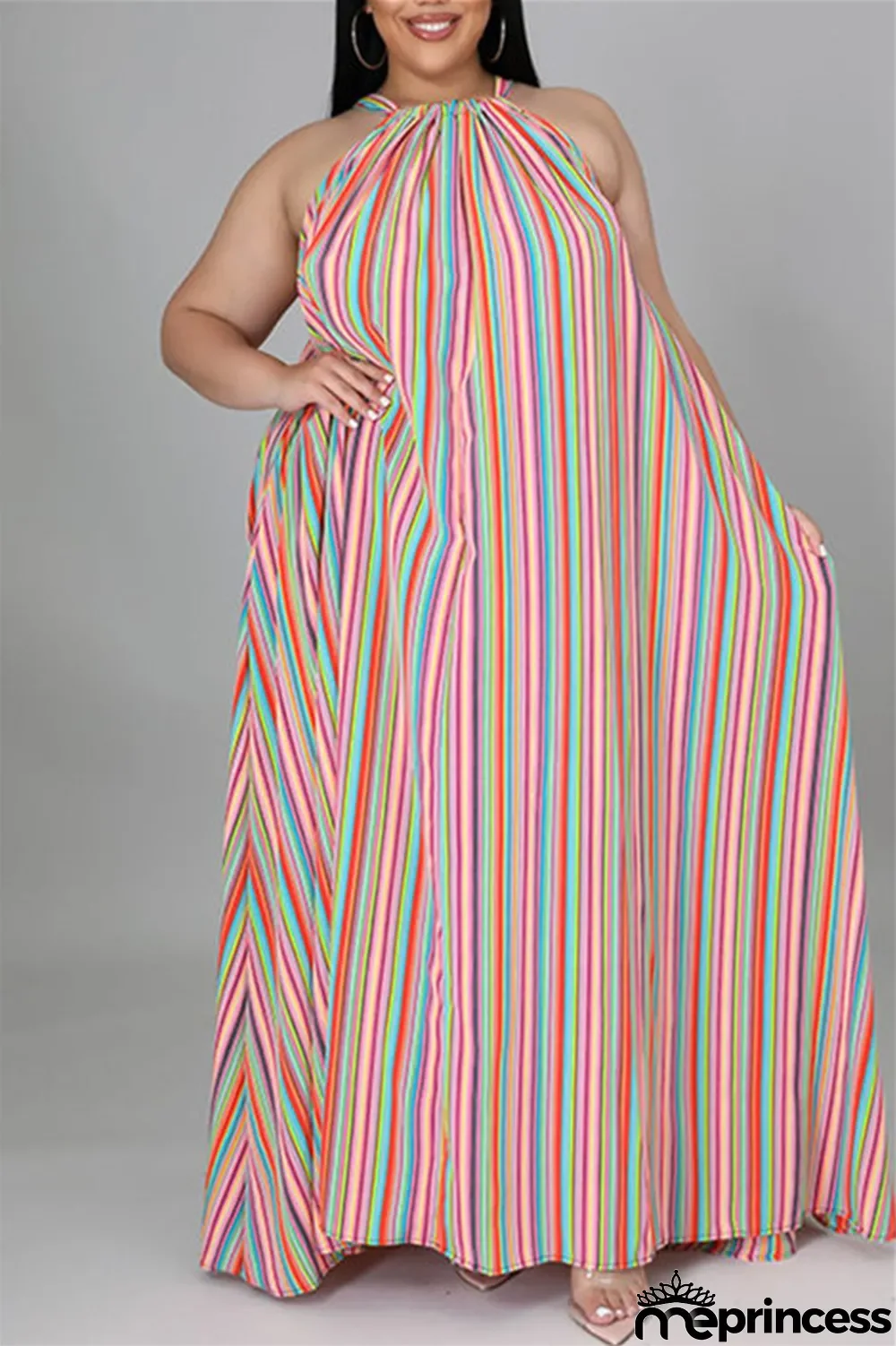 Light Blue Fashion Casual Plus Size Striped Print Backless O Neck Sleeveless Dress