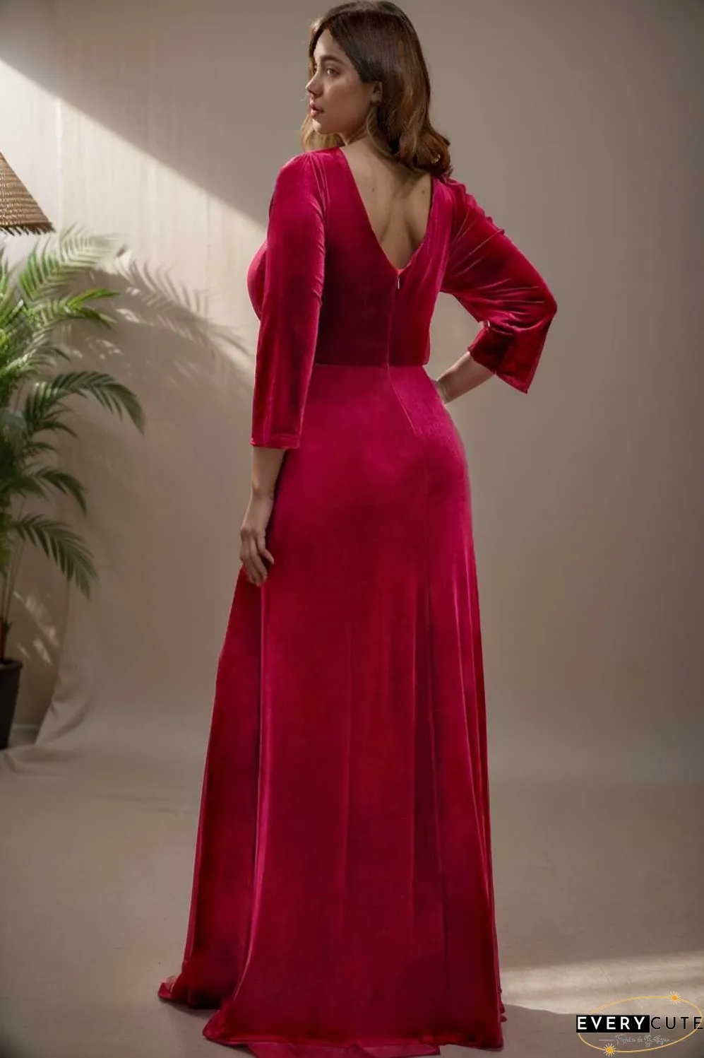 velvet 3 4 length sleeve illusion v neck front slit evening dress