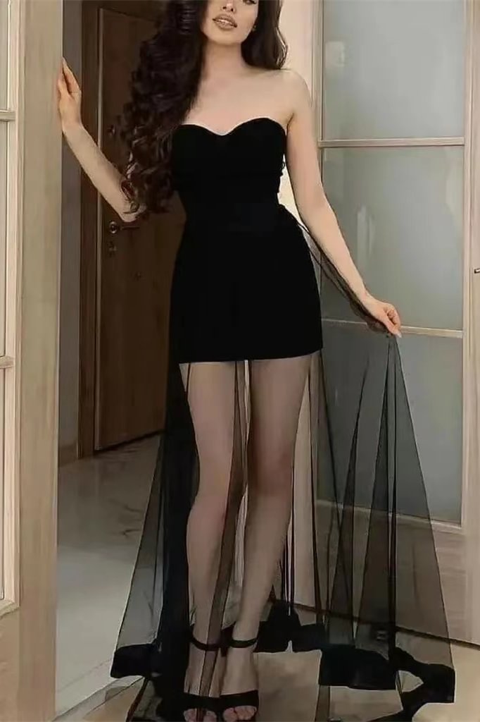 Gorgeous Black Sweetheart Strapless Mini Prom Dress With Tulle |Ballbellas Ballbellas