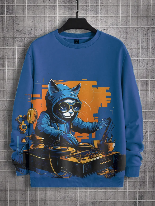 Men's Cat Cute Playing Dj Print Casual Sweatshirt