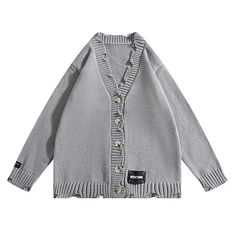 Demandernyc Men's Solid Color Ripped Edges V-neck Long-sleeved Sweater Cardigan Autumn Winter Trendy Streetwear Loose Casual Knitted Jacket
