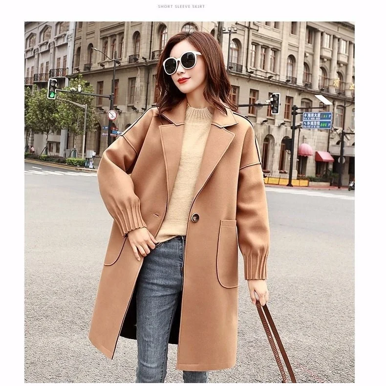 Small tweed coat women's middle long spring Korean loose and thin woolen coat