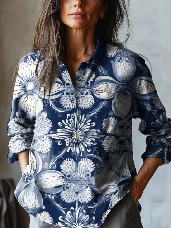 Women's Vintage Lovely Floral Art Print Casual Cotton And Linen Shirt
