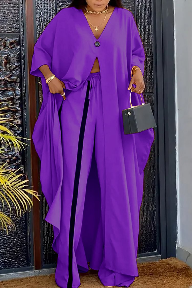 Plus Size Purple Casual Long Sleeve Slit Contrast Paneled Two Pieces Pants Set [Pre-Order]