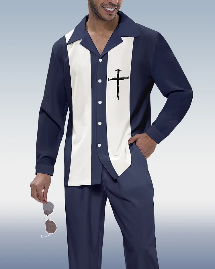 Suitmens Men's Color Block Print Long Sleeve Walking Set 226