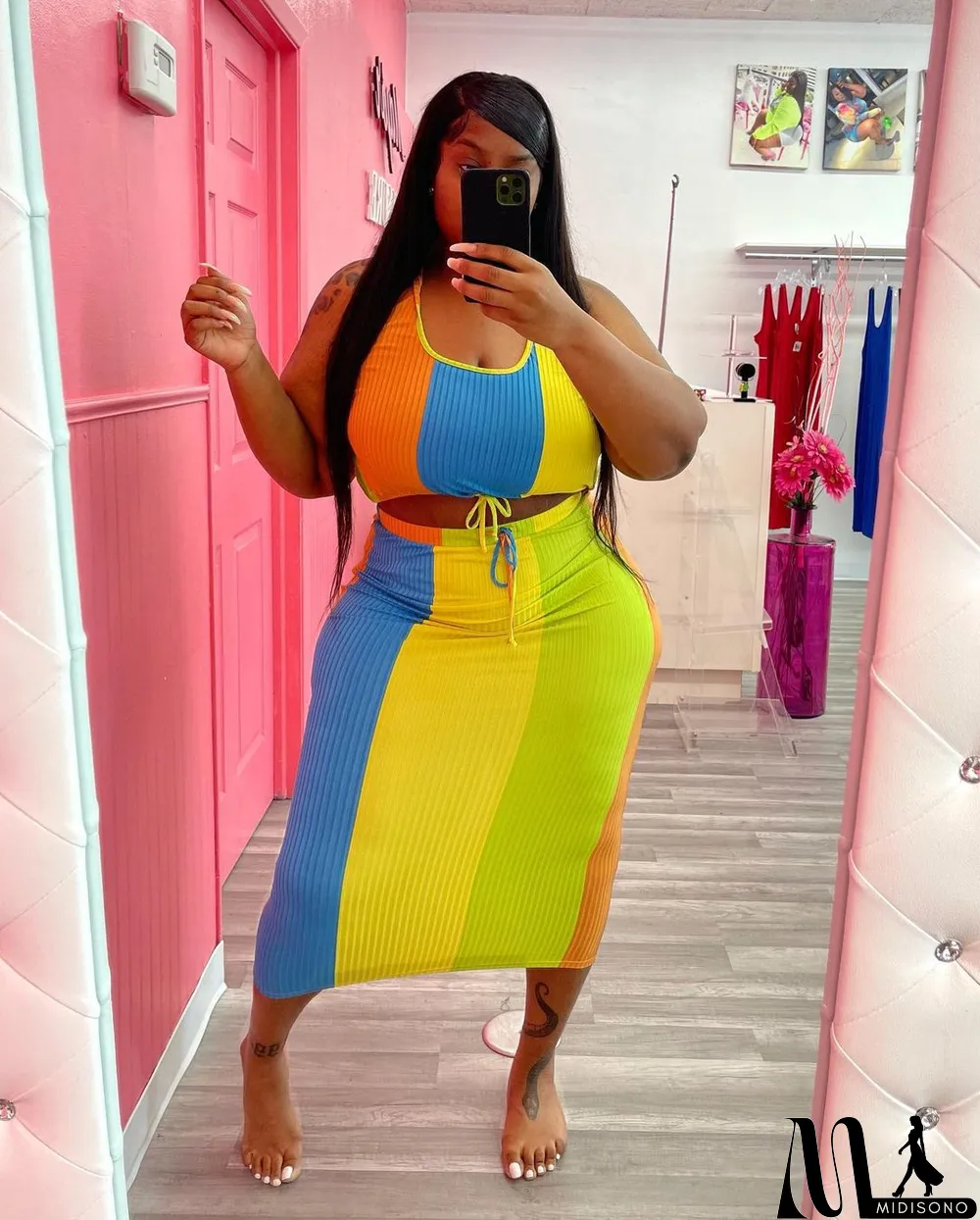 MidiSono - Plus Size Colorful Sleeveless Midi Skirt 2 Piece Sets