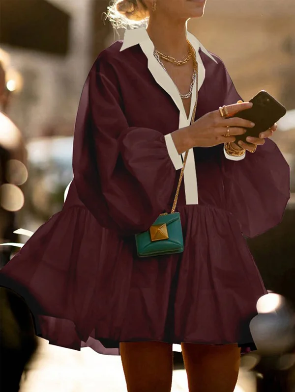 A-Line Long Sleeves Buttoned Contrast Color Pleated Lapel Mini Dresses Shirt Dress