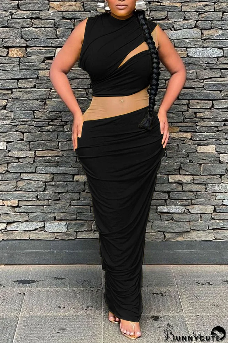 Black Sexy Solid Patchwork Fold O Neck Pencil Skirt Dresses