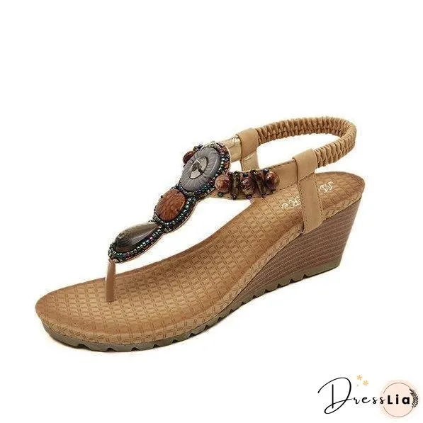Bohemian Bead Clip Toe Elastic Wedge Heel Beach Flip Flops Sandals