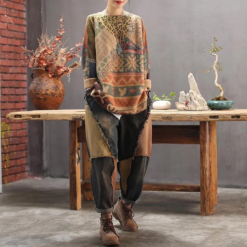 Brownm Women's High Waist Retro Harem Pants Jeans 2023 New Casual Fashion Harajuku Cotton Trousers Patchwork Wide Leg Radish