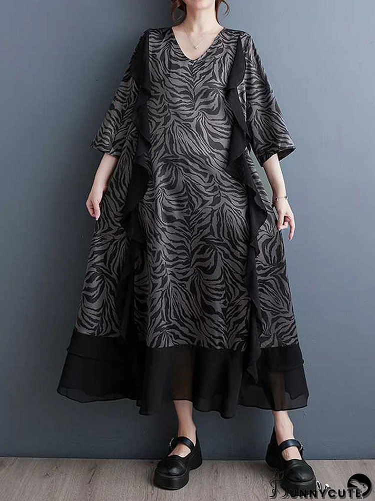 A-Line Batwing Sleeves Ruffled Split-Joint Zebra-Stripe V-Neck Midi Dresses