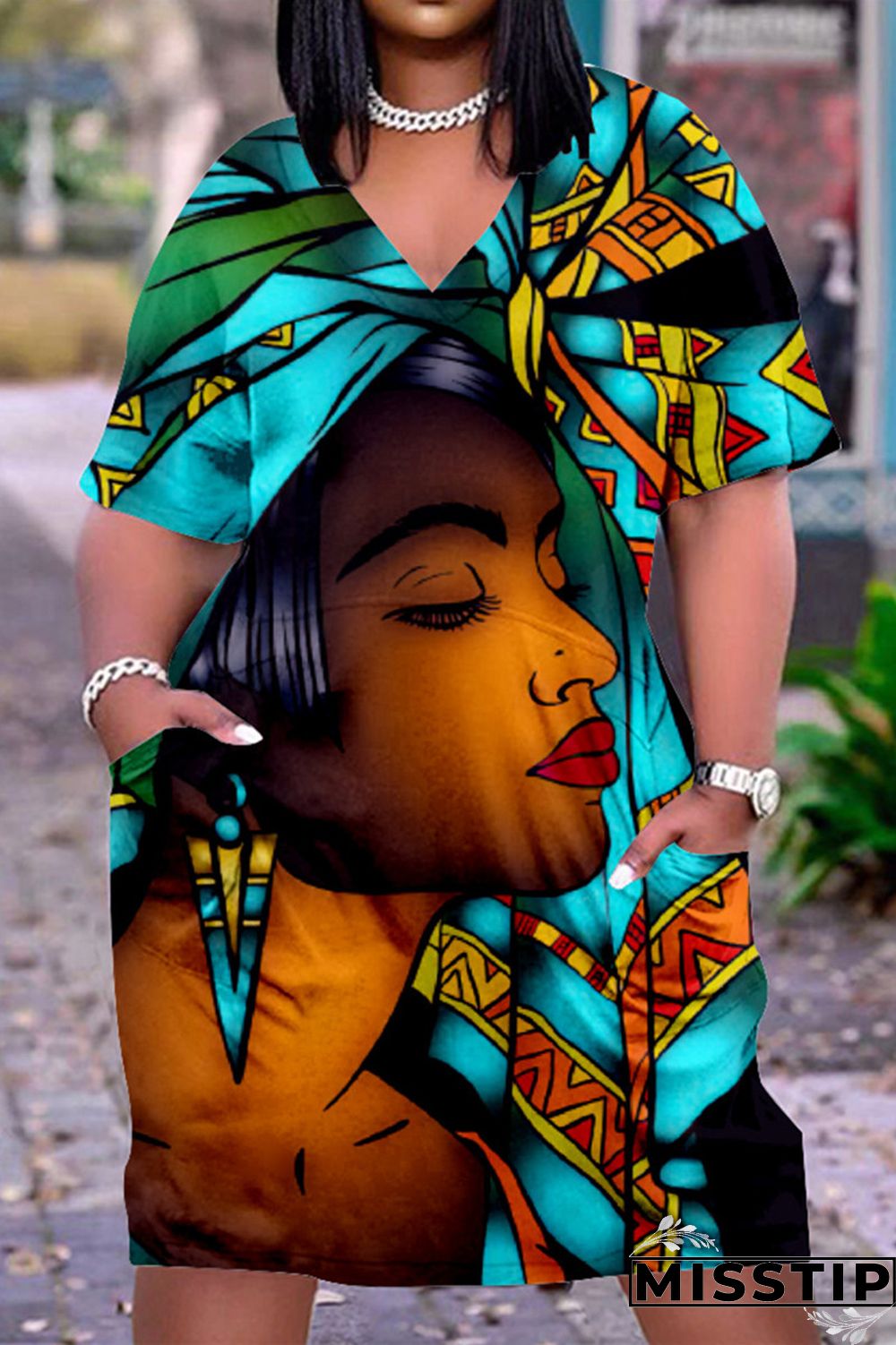 Black Orange Fashion Casual Print Basic V Neck Short Sleeve Dress