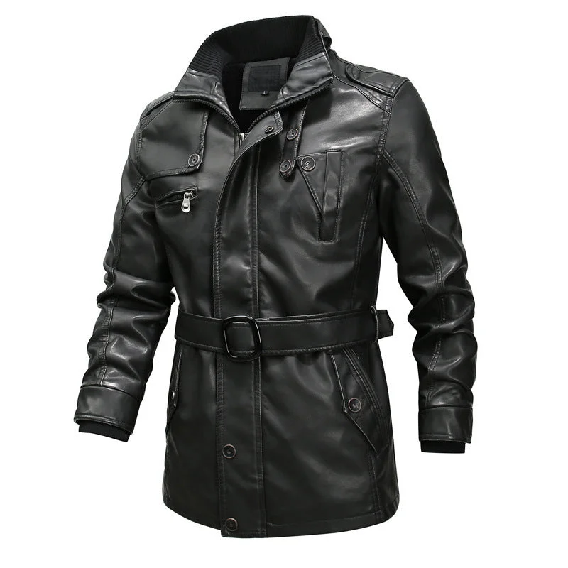 Men's With Belted Motorcycle Washed Leather Jacket