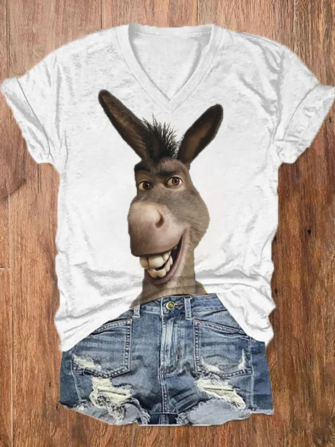 Women's Funny Donkey Print Casual V-Neck Tee