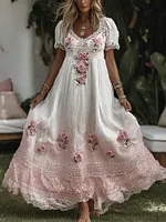 Women's Floral Roses Art Print Flowy Linen Blend Casual Short Sleeve Maxi Dress