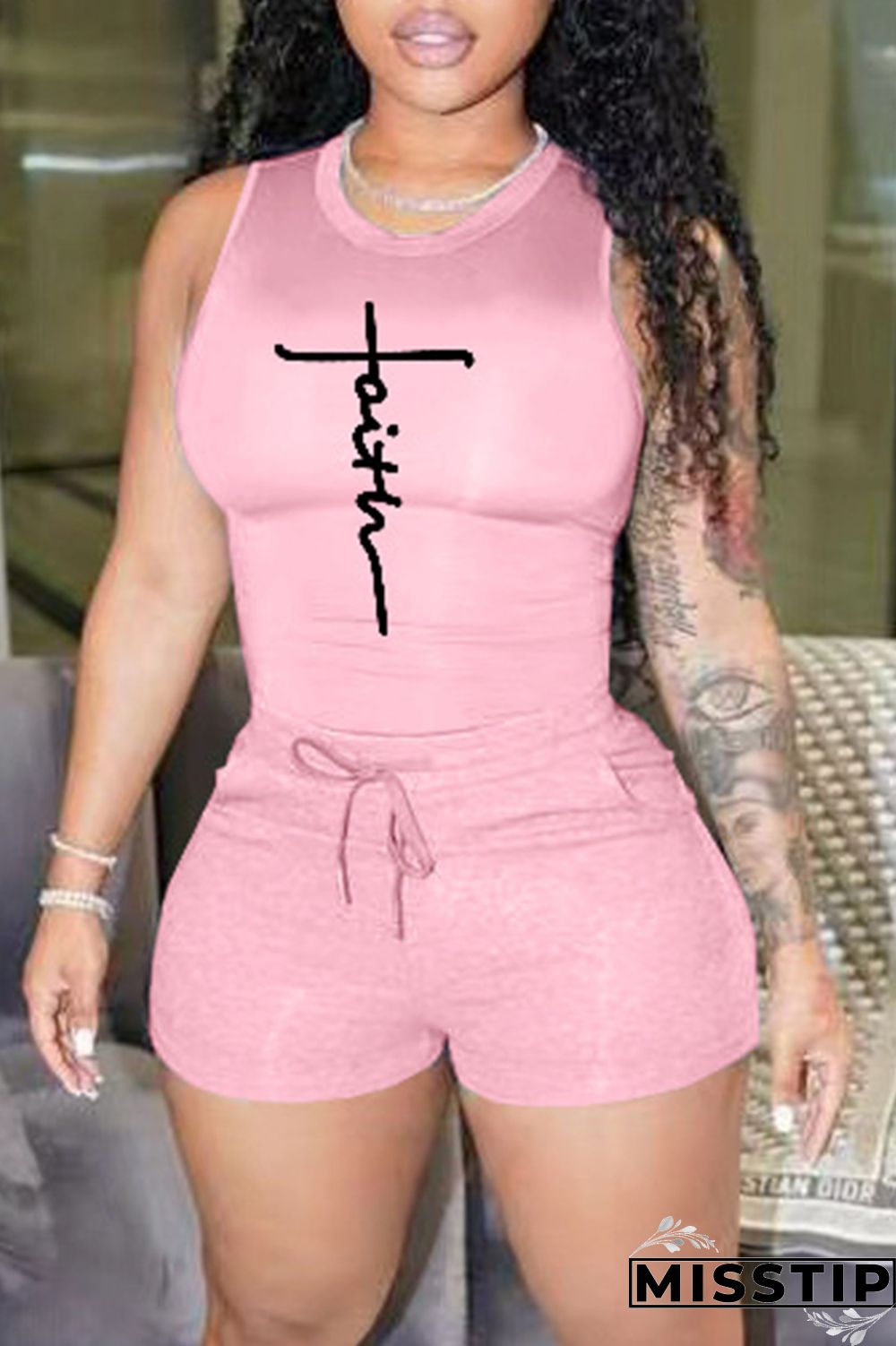 Blue Fashion Casual Sportswear Print Basic O Neck Sleeveless Two Pieces