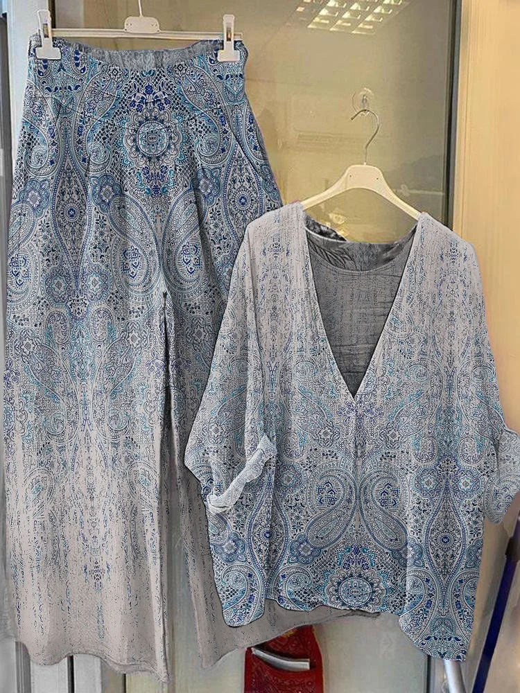 Women's Ethnic Gradient Paisley Print V-Neck Top Wide-Leg Pants Cotton Linen Suit