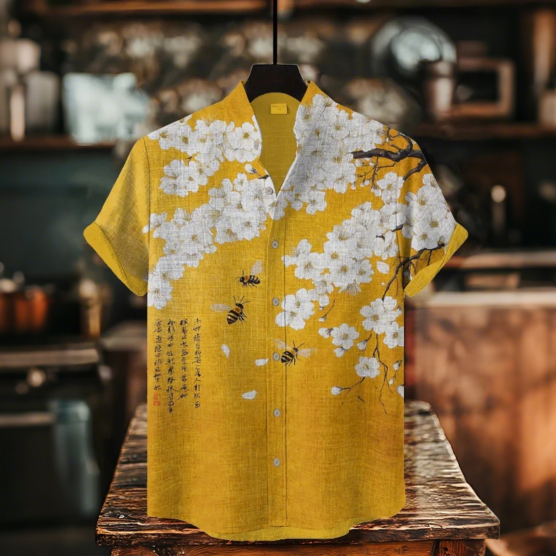 Men's Retro Calligraphy Cherry Blossom Tree Several Bees Print Casual Shirt  artssus