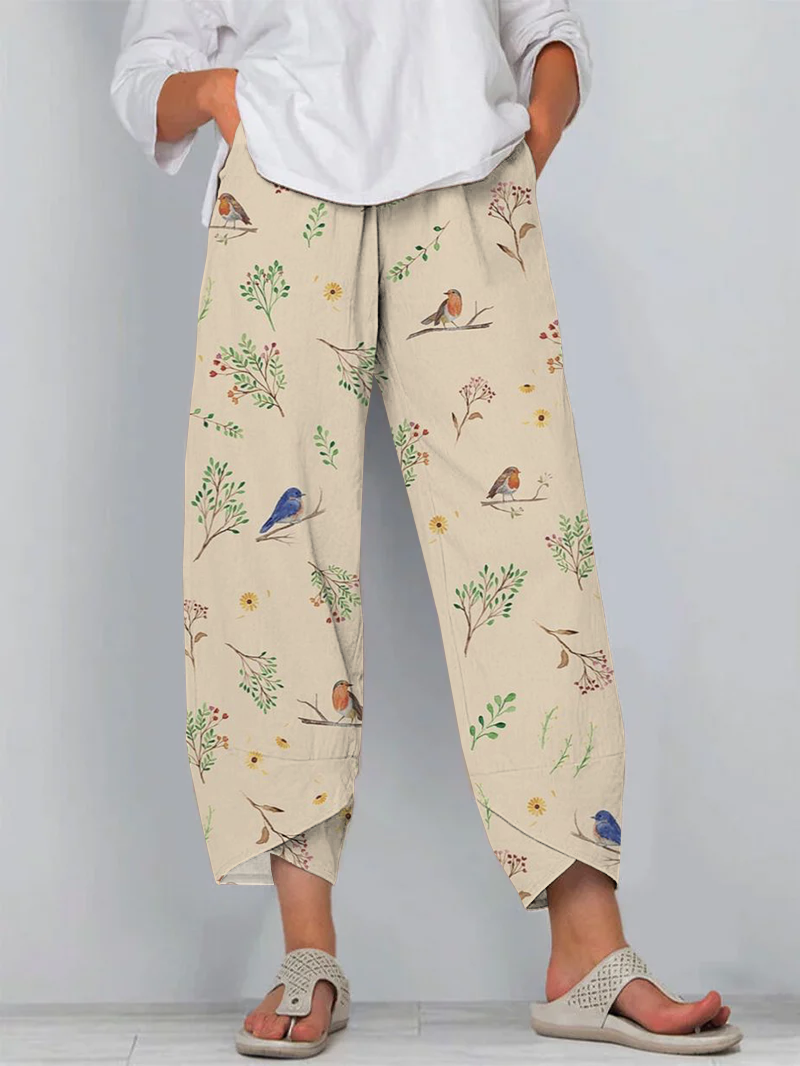 Vintage Branch Bird Art Cropped Casual Pants