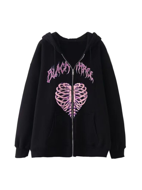 Y2K Skull Heart Pattern Drawstring Zip Up Jacket