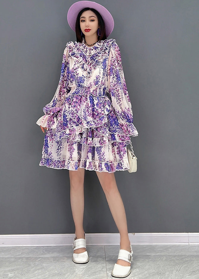 VCSHOES Purple Stand CollarAsymmetrical Ruffled Chiffon Mid Dress Long Sleeve