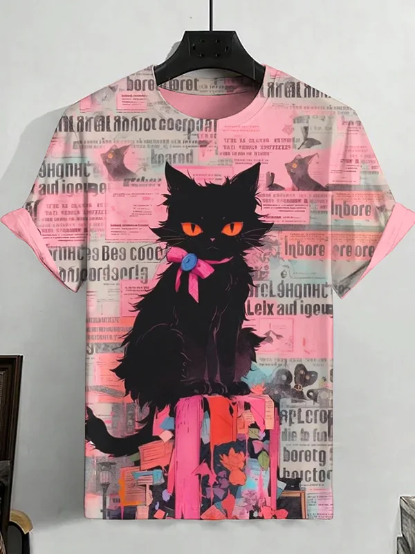 Men's Bow Tie Black Cat Poster Art Print Crew Neck T-Shirt