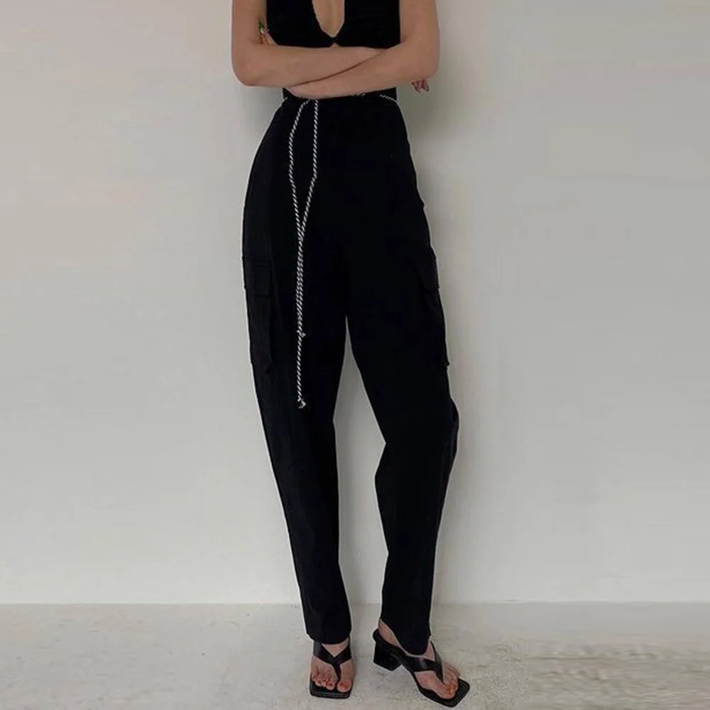 Toloer TWOTWINSTYLE Loose Spring Cargo Pants For Women High Waist Patchwork Pockets Bandage Trousers Female Clothing Fashion New 2022