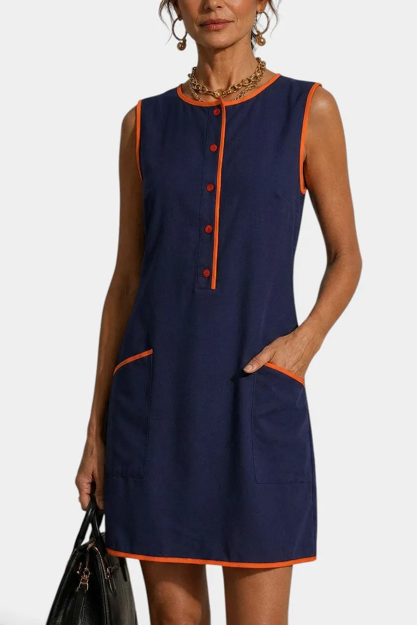 Sleeveless Contrast Trim Mini Dress with Front Buttons