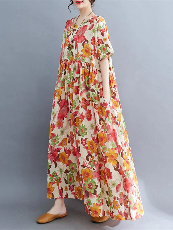 Loose Short Sleeves Pleated Printed Split-Joint Round-Neck Midi Dresses