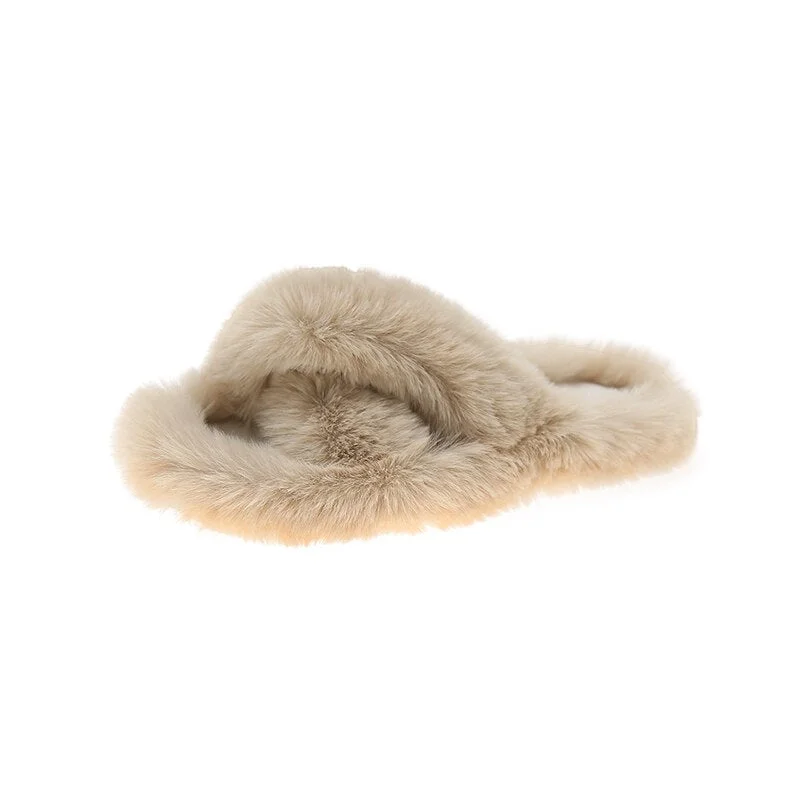Winter Women Cross House Furry Slippers Fashion Faux Fur Warm Shoes Women Slip on Flats Female Home Open Toe Pink Plush Slippers