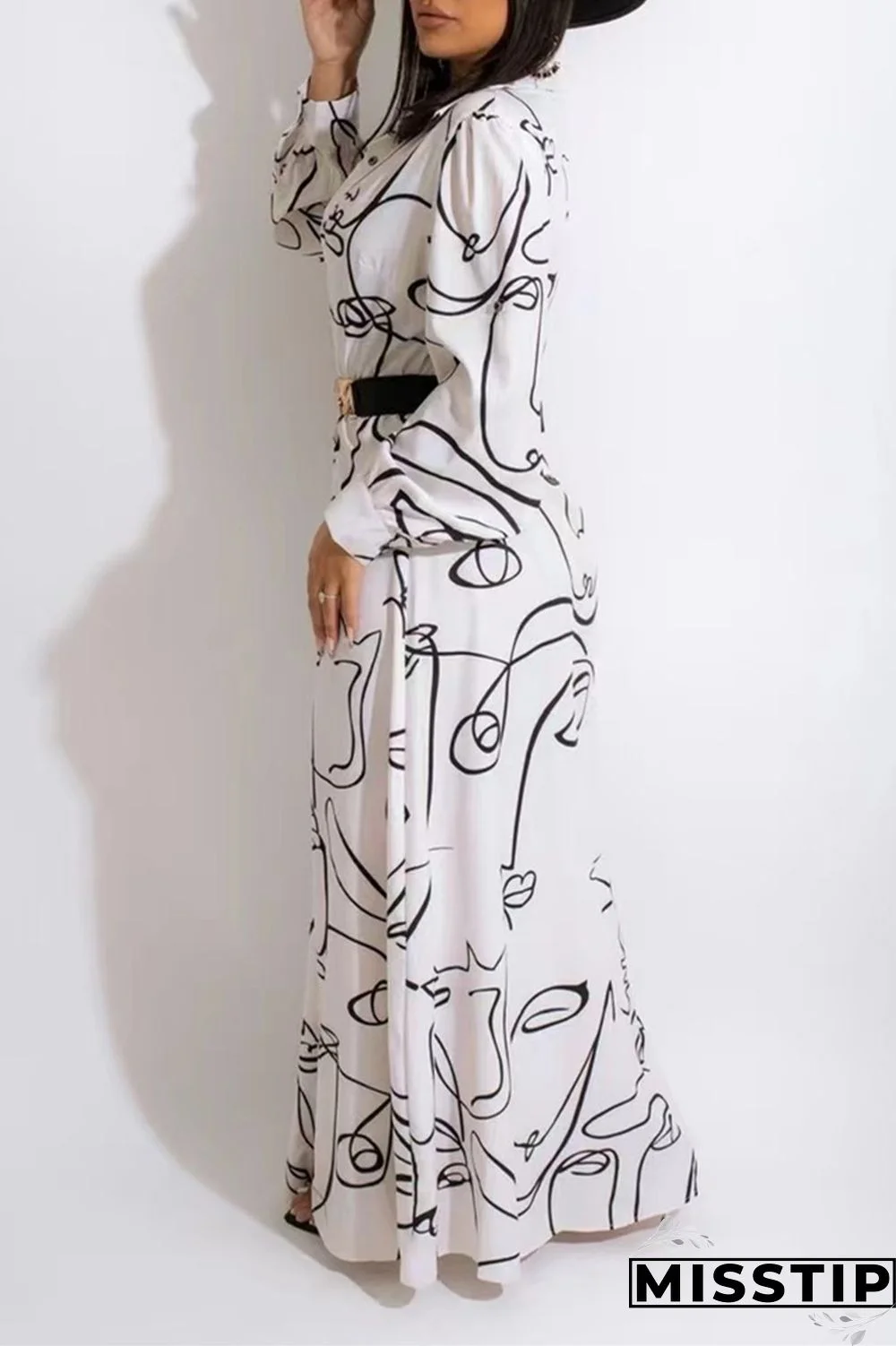 White Fashion Casual Print Basic Turndown Collar Shirt Dress (Without Belt)