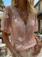 Women's Vintage Floral Art Print V-neck Short Sleeve T-shirt