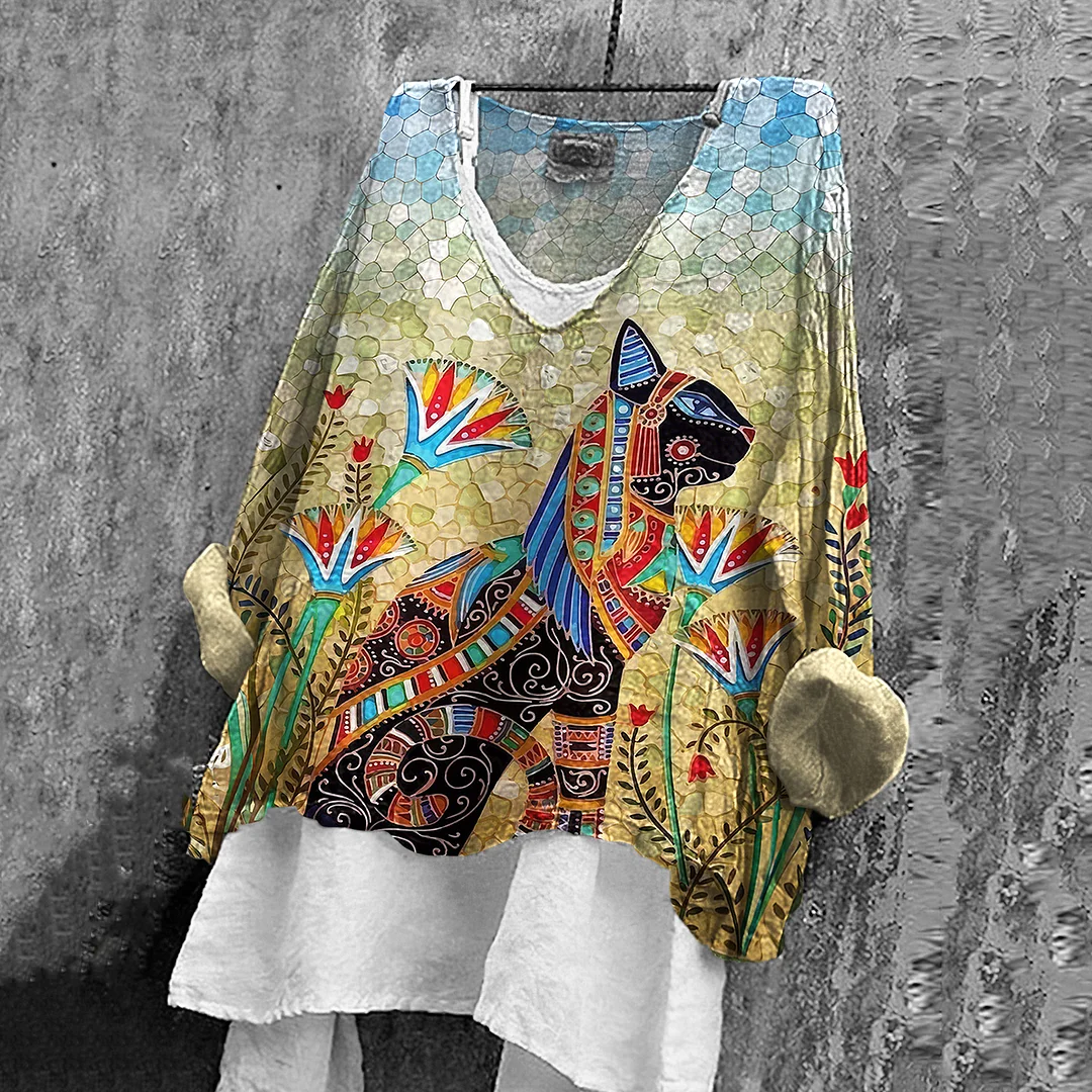 Women's Buster Egyptian Cat And Blue Lotus Art Print V-neck Shirt