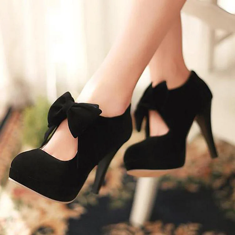 Black Vintage Round Toe Platform Stiletto Heels with Bow Vdcoo