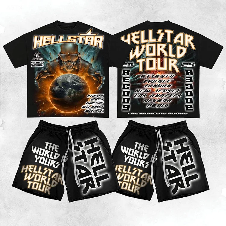 Vintage Hellstar World Tour Graphic T-Shirt and Shorts Matching Set