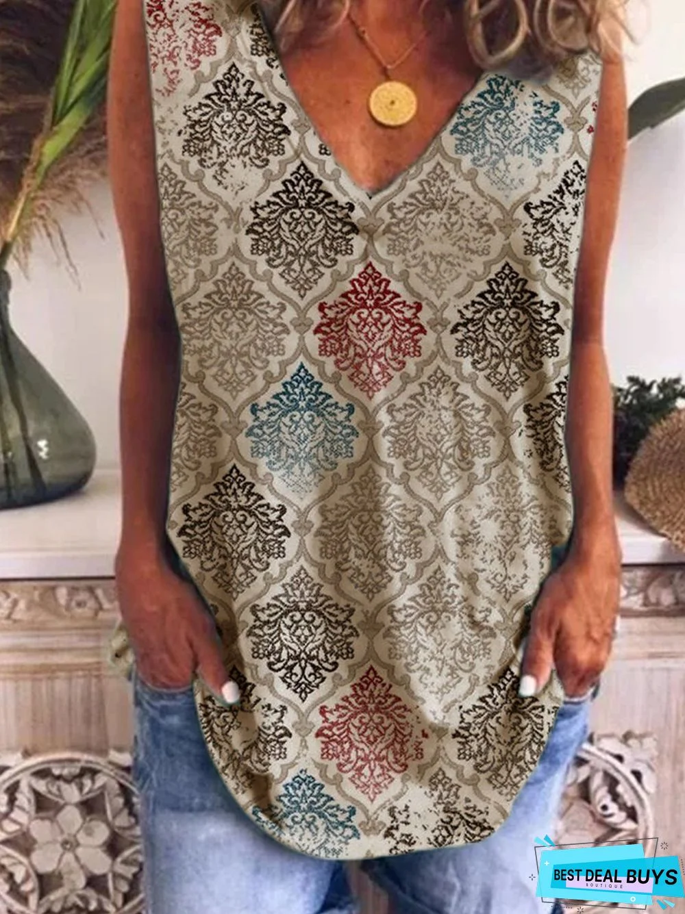 V Neck Sleeveless Tribal Tops