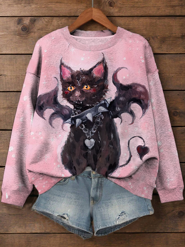 Women's Valentine's Day Devil Cat Art Print Cozy Sweatshirt
