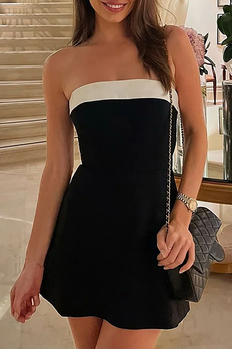 Colorblock Patchwork A-Line Mini Tube Dresses-Black