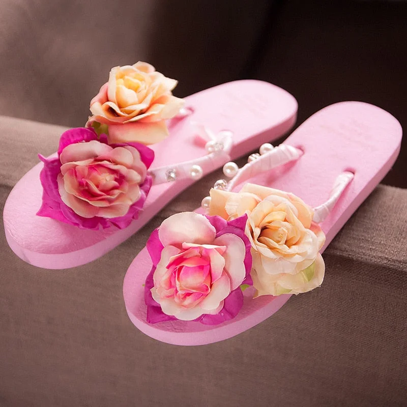 3cm High Heel Women's Summer Pure Handmade Flower Sandals Beach Vacation Flip-flops Womens Slippers Indoor  Flip Flops Women