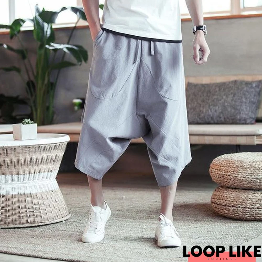 Men Wide Crotch Pants Loose Large Cropped Wide-Legged Bloomers Flaxen Baggy Trousers